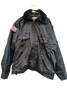 National Patrol Jacket Mens XL Black Bomber Faux Fur Collar Nylon USA Flag Patch